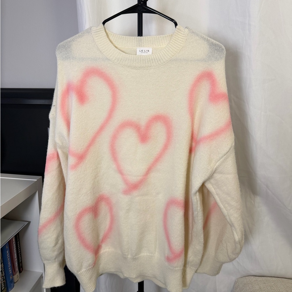 Le Lis Cream Sweater with Pink Heart Accents